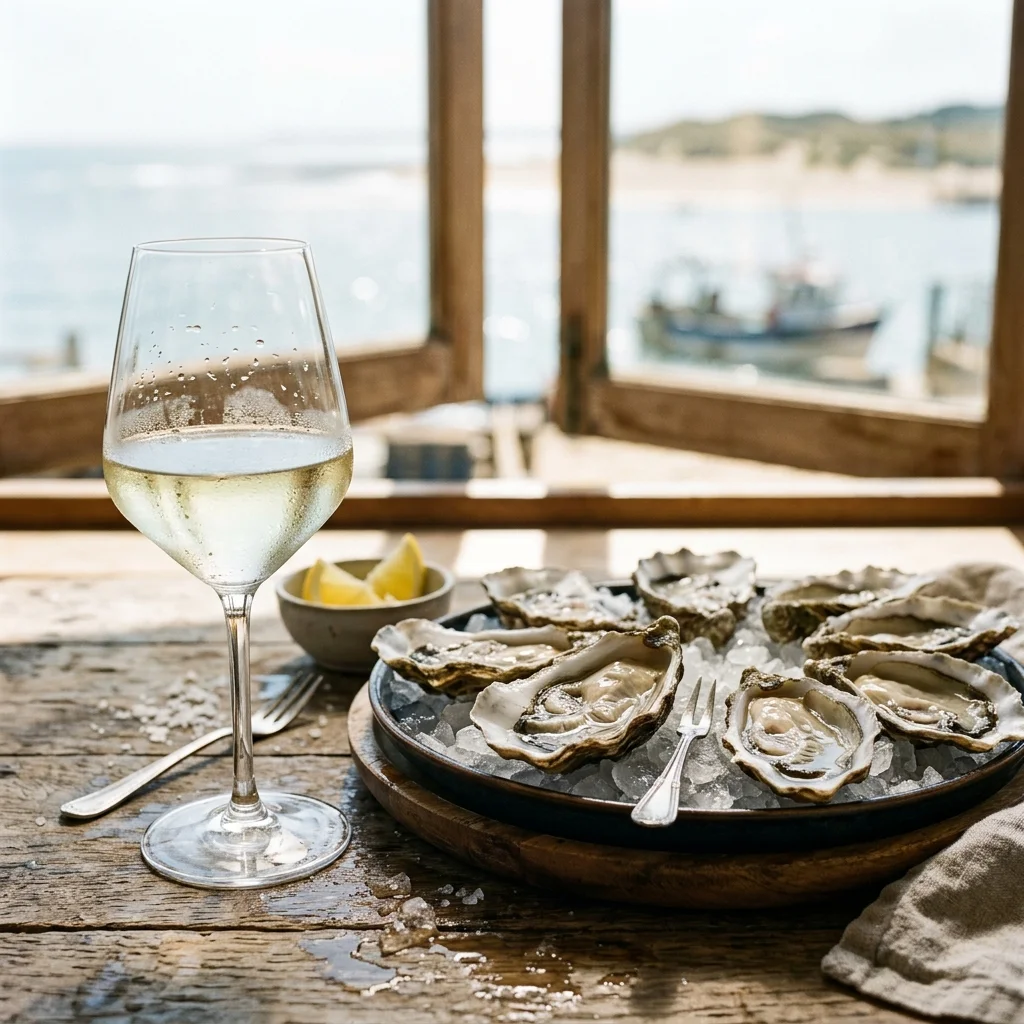 Chilled glass of Muscadet wine next to a platter of fresh oysters on a wooden table near the coast