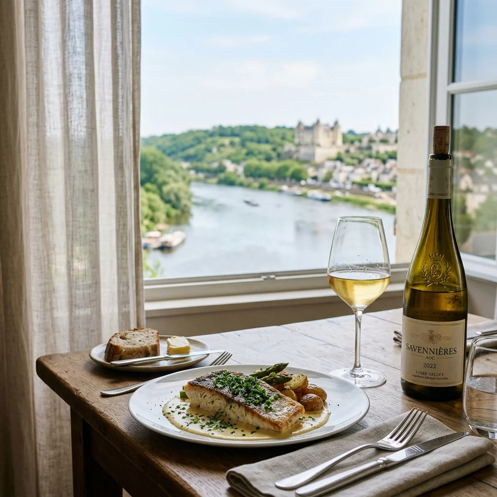 A plate of grilled pike-perch with beurre blanc sauce paired with a glass of Savennières wine