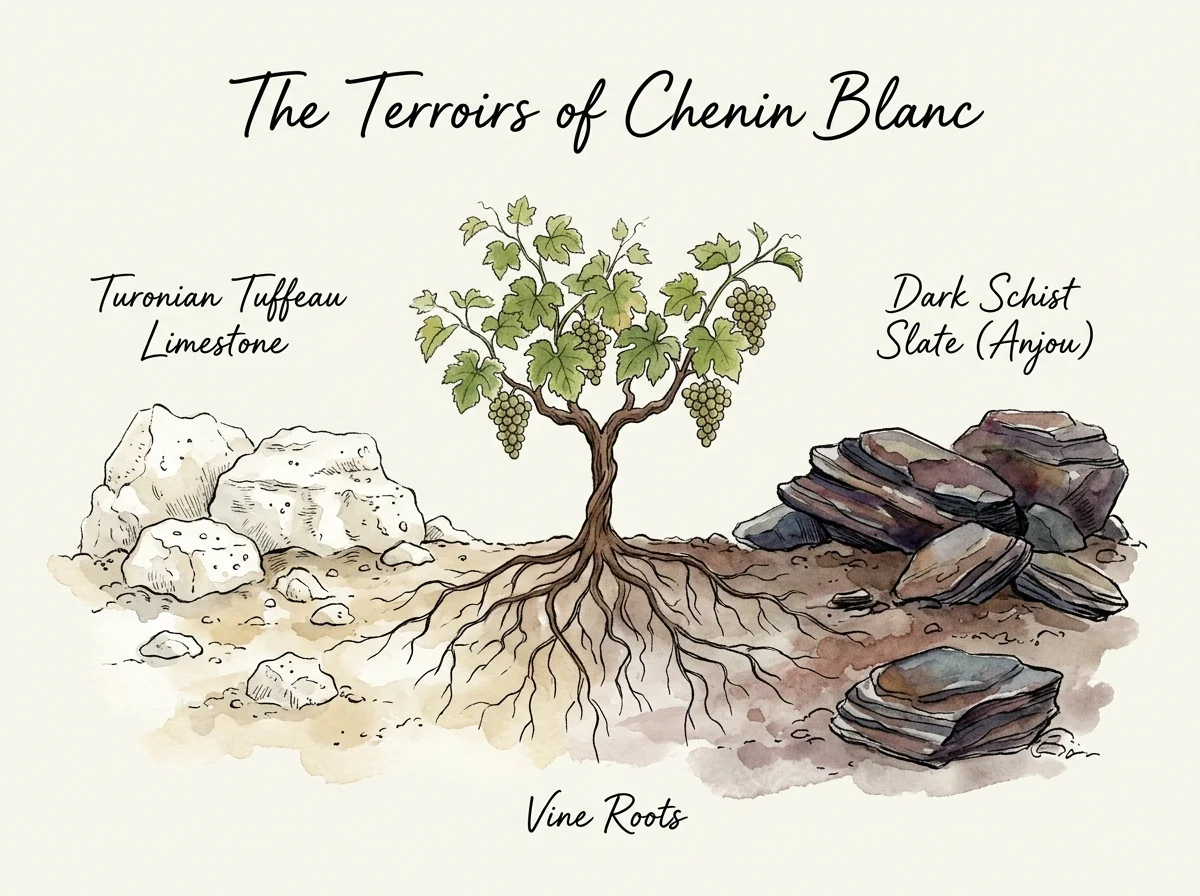 English watercolor infographic showing tuffeau limestone and dark schist slate soils for Chenin Blanc