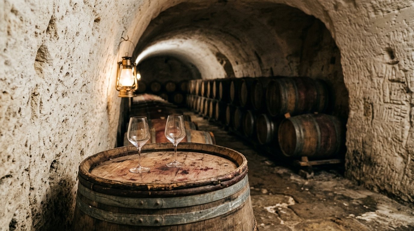 Two wine glasses on oak barrel head inside an authentic troglodyte wine cellar carved into white tuffeau in Saumur