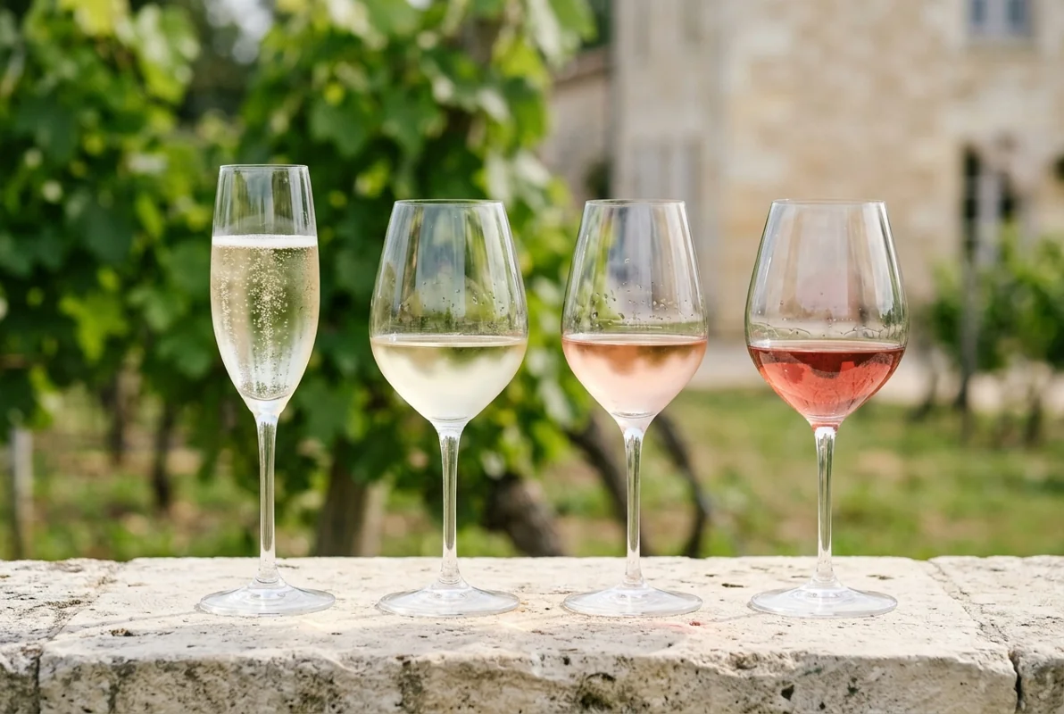 Four glasses lined up on a tuffeau ledge: sparkling, dry white, dry rosé and light red in front of the vines
