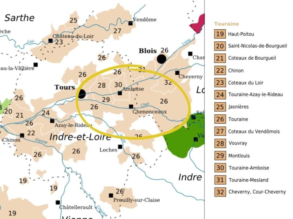 Carte des appellations Touraine (AOP, AOC)