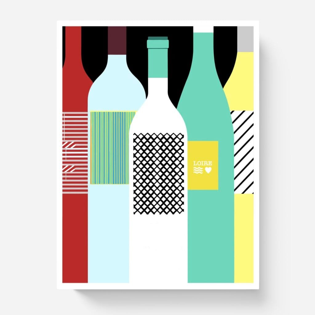 Affiche bouteilles de vins de Loire multicolores