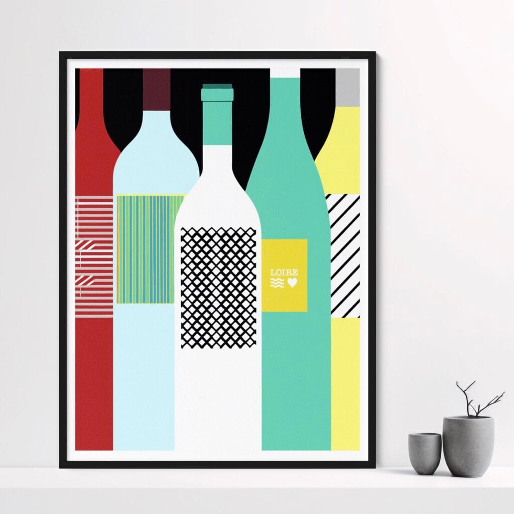 Affiche bouteilles de vins de Loire multicolores