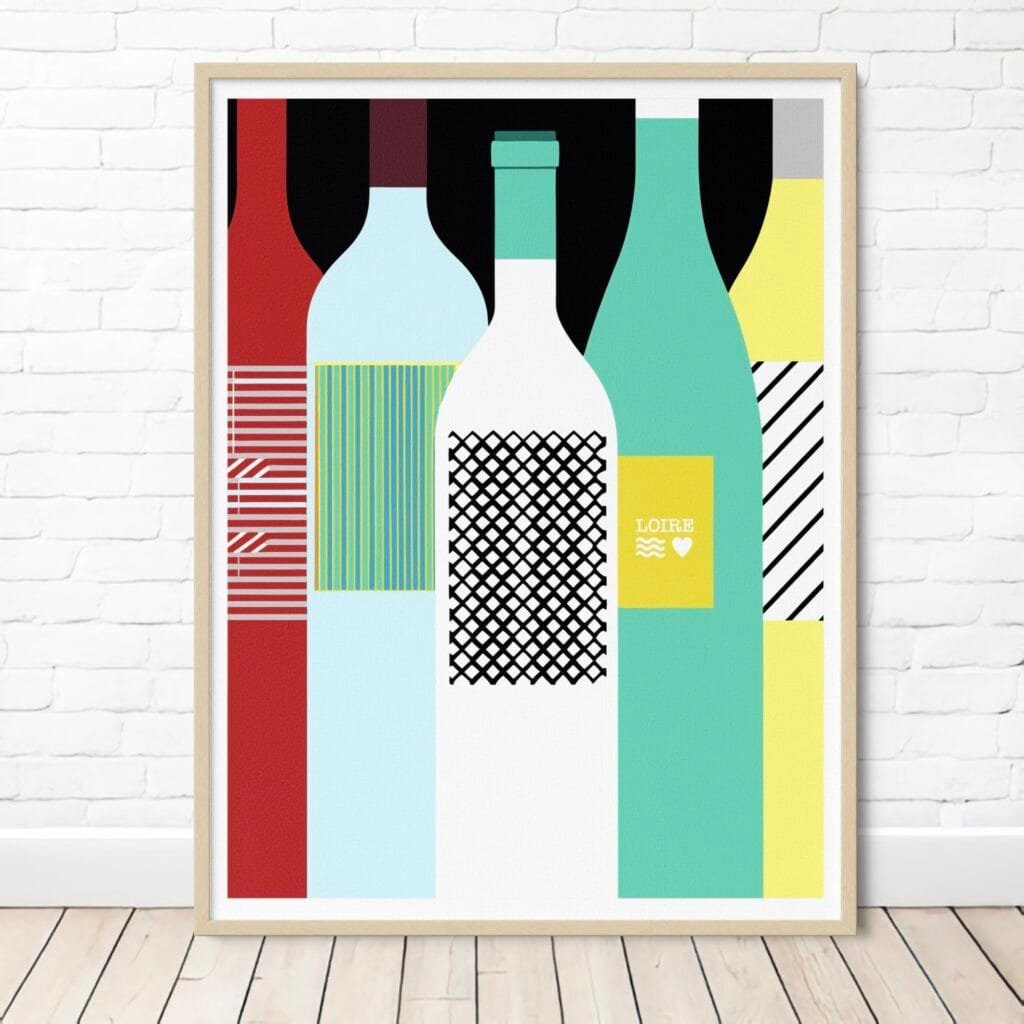 Affiche bouteilles de vins de Loire multicolores