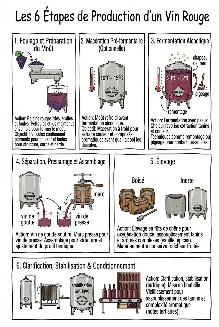 Fabrication vin rouge : un schéma limpide pour comprendre chaque étape