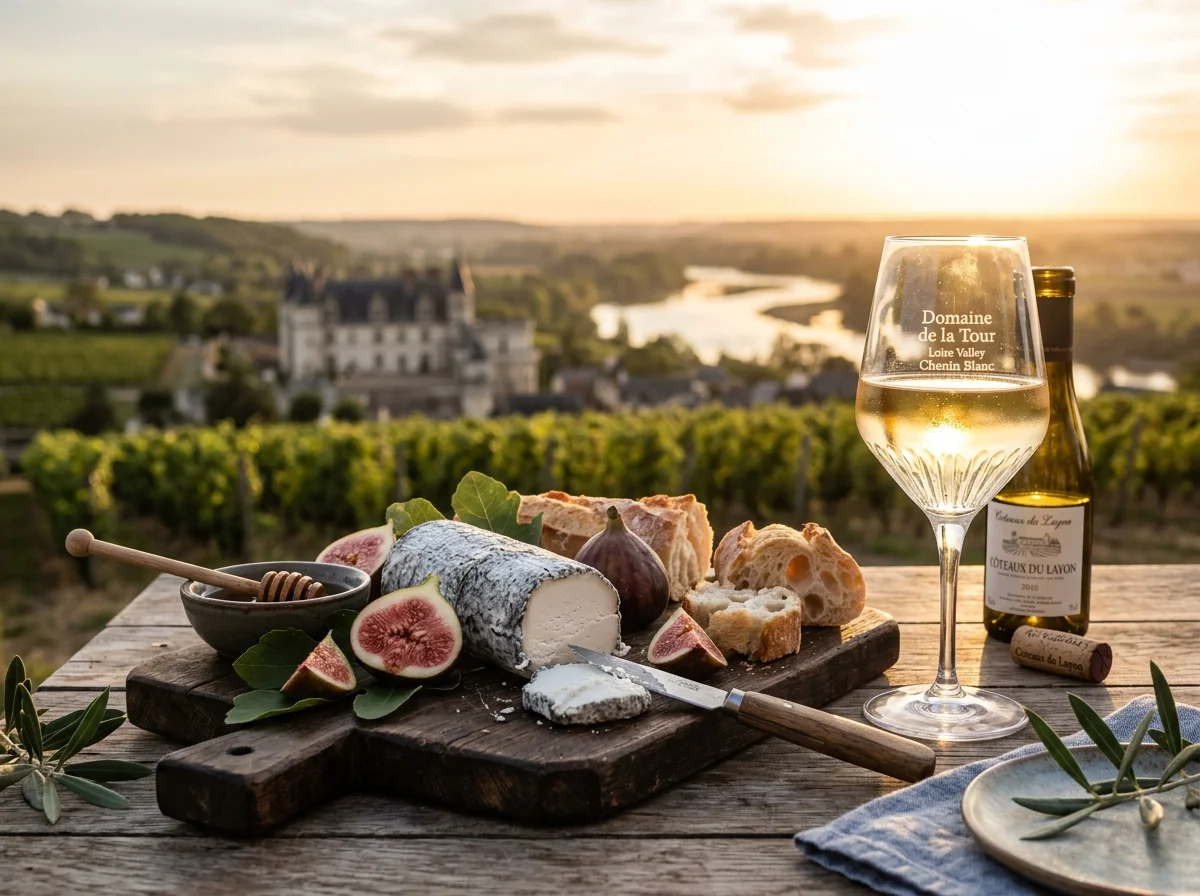 Verre de Chenin Blanc sec servi avec un fromage de chèvre Sainte-Maure de Touraine
