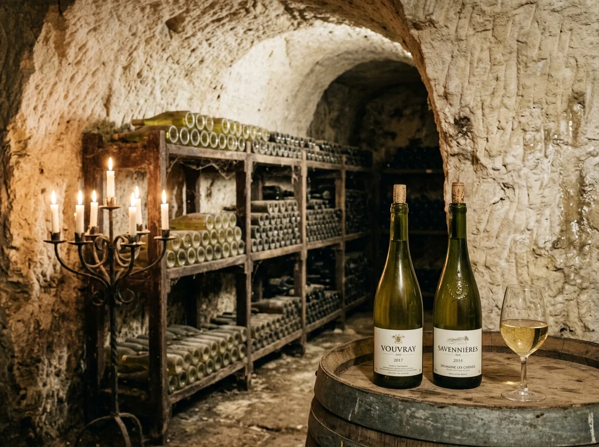 Bouteilles de vin blanc AOC Vouvray et Savennières en cave troglodyte en pierre de tuffeau