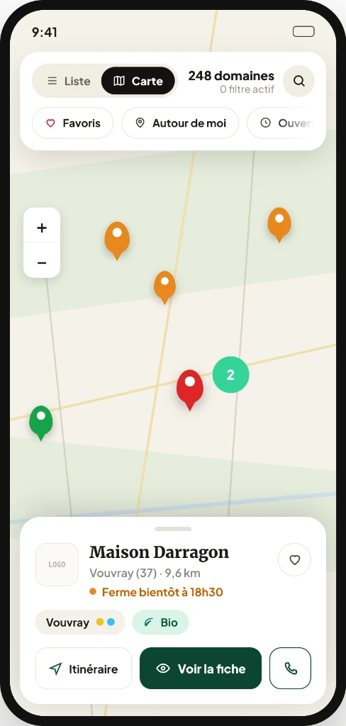 Carte interactive et géolocalisation des vignerons sur l application Divine Loire PRO