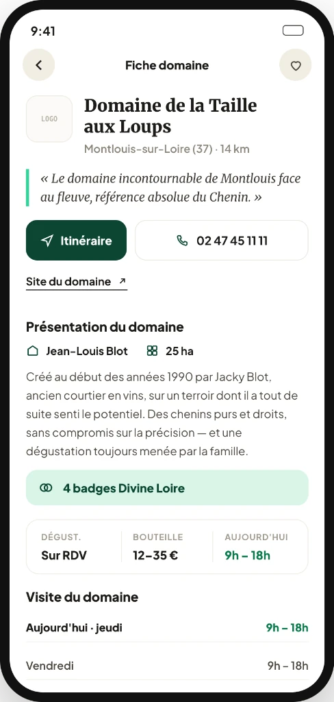 Fiche détaillée du domaine sur l application Divine Loire PRO avec horaires et contacts