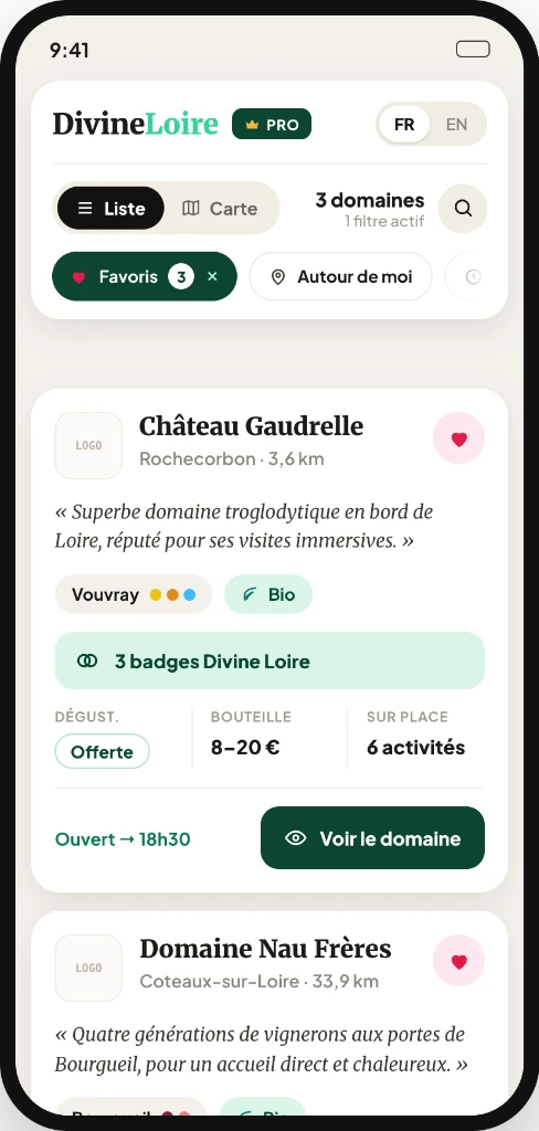 Application mobile Divine Loire PRO avec vue liste des domaines et filtres