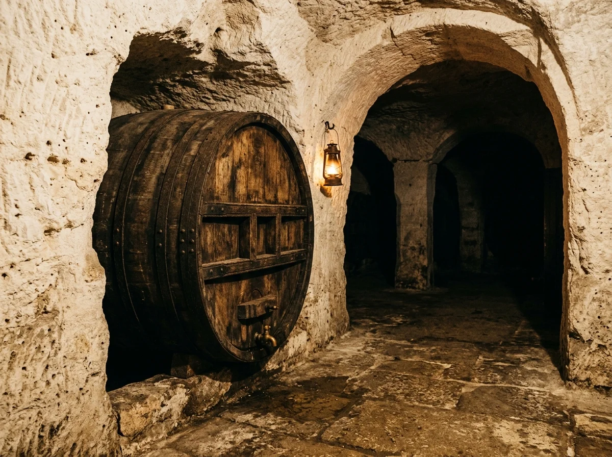Ancient oak foudres resting on stone floor inside a troglodyte cellar carved into white tuffeau in Vouvray