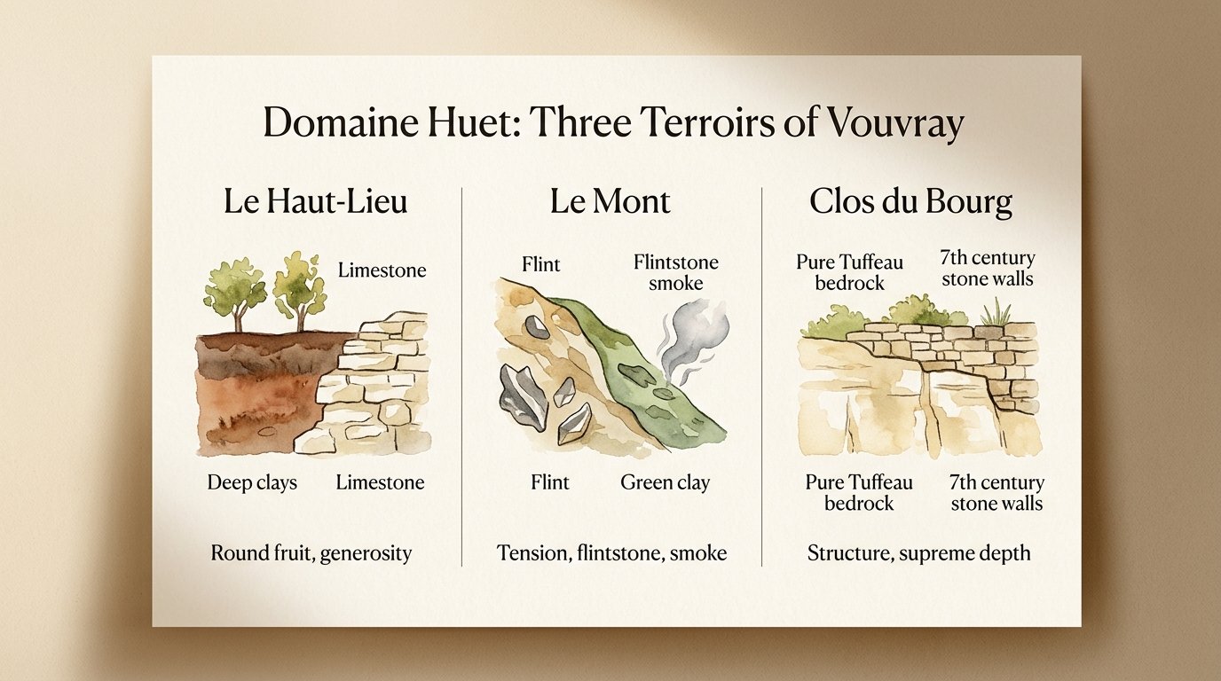Watercolor infographic illustrating the three terroirs of Domaine Huet in Vouvray: Le Haut-Lieu (clays), Le Mont (flint) and Clos du Bourg (pure tuffeau)