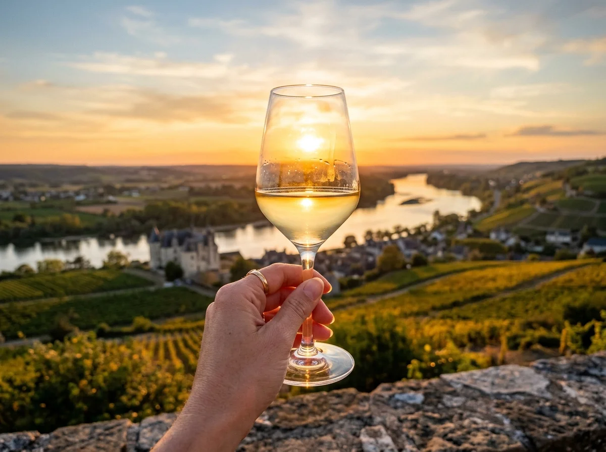 A glass of dry white Vouvray held against the golden sunset over the Loire valley