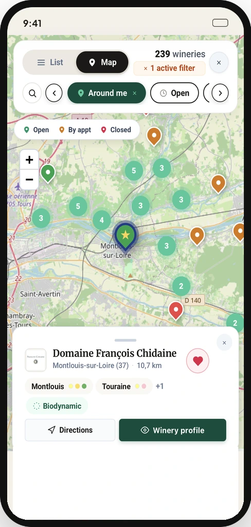 Interactive wine map and geolocation of Loire Valley winegrowers on Divine Loire PRO app