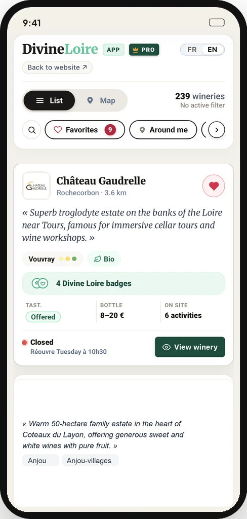 Divine Loire PRO mobile app directory list view with filters and winery cards